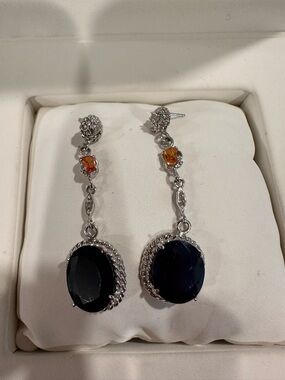 Natural Blue Sapphire & Diamond Drop Chandelier Earrings 14K WG 9.10Ct